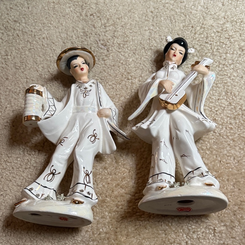 Lefton White and Black Porcelain Pierrot Figurines with Gold Accents